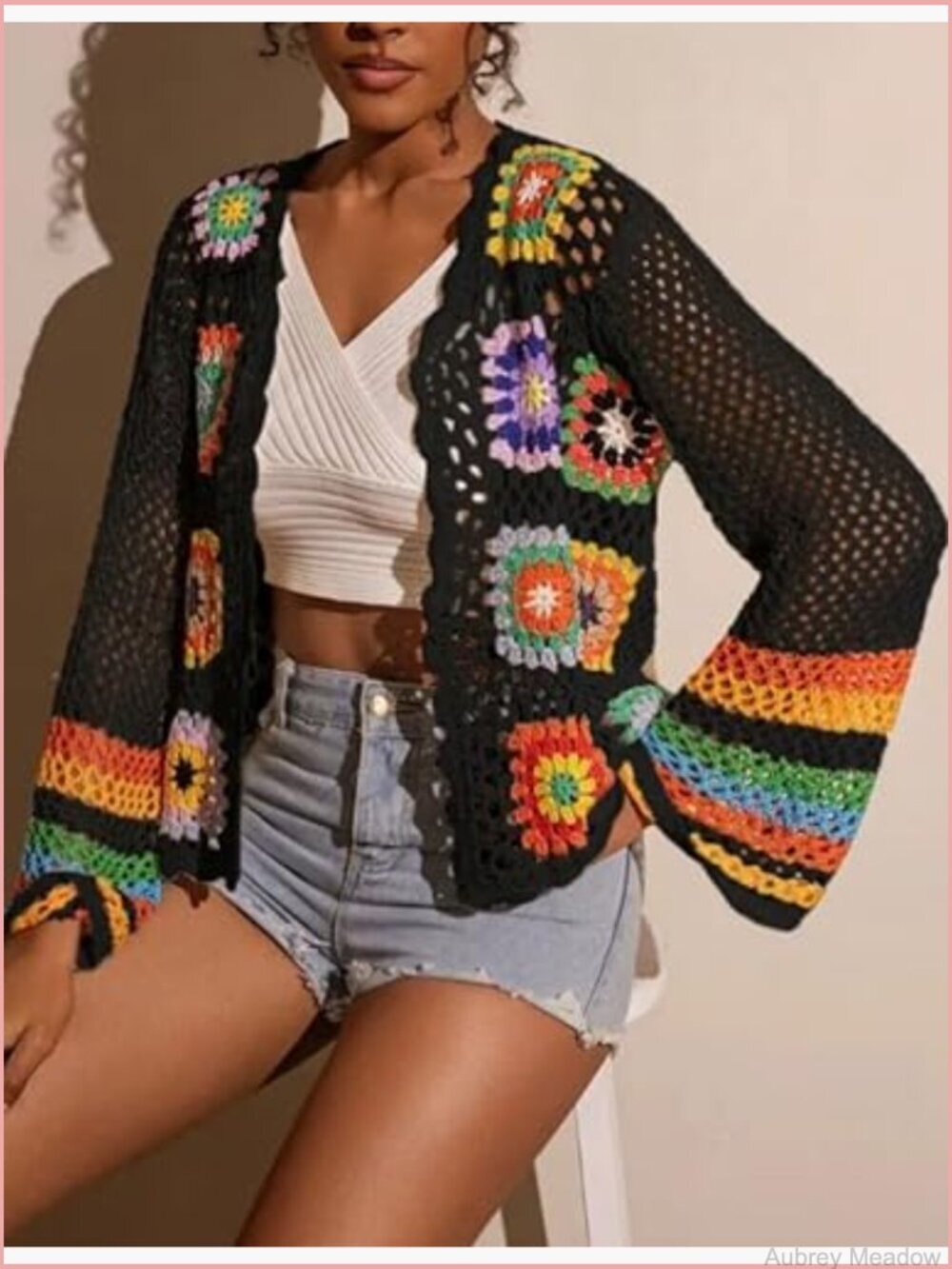 Women's Floral Crochet Cardigan Hollow Out Long Sleeve Open Front Sweater Y2K - Picture 3 of 3